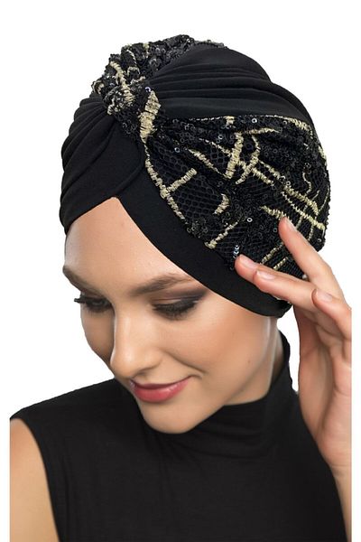 fidan bone Ethnic Patterned Black Beige-Sequin Turban Hijab Evening Dress Bonnet - Ready Lined