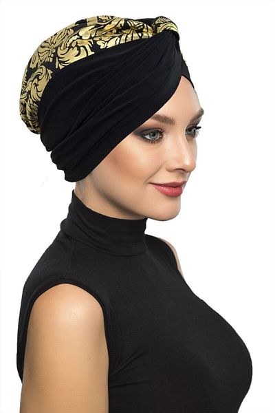 fidan bone Special Design Black with Gold Ottoman Motif Lined Ready-Made Hijab Hijab Evening Dress Bonnet