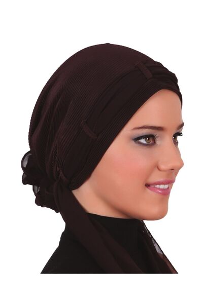 fidan bone Plise Fularlı Arkası Şifon Incili Çiçek Aksesuarlı Kahve Hazır Tür...