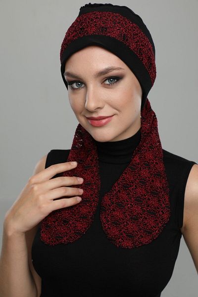 fidan bone Buklet Bandana Tied Black Claret Red Ready-made Headscarf Hijab Bonnet