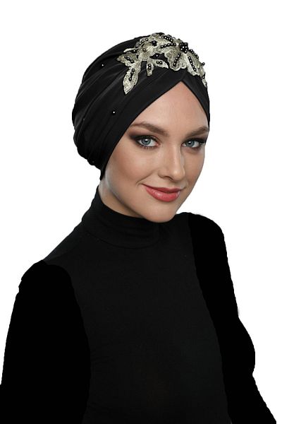 fidan bone Detachable Lining Embroidered Black Yellow Lace Motif Ready Hijab Hijab Evening Dress Bonnet