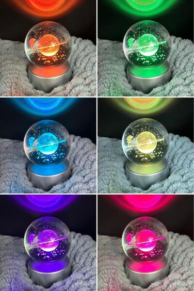 Sepetten Eve Renk Değiştiren Led Işıklı Cam Satürn Kız Küre Dolunay Lamba Kristal Top Ve Kalpli Kolye 14 Şubat