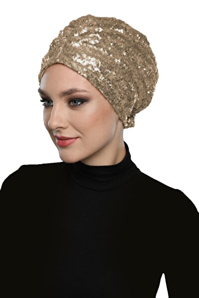 fidan bone Payetli Astarlı Bej Hazır Türban Tesettür Bone Medikal Kullanıma U...