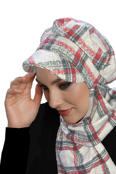 fidan bone Wool Cap Hat with Scarf Plaid Patterned Gray-Claret Red-Smoked Ready-made Turban Hijab Bonnet Beanie