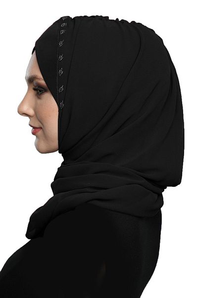 fidan bone Black Ready-made Turban Hijab Bonnet Prayer Cover with Shawl and Stones