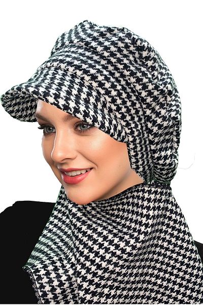 fidan bone Wool Cap Hat with Scarf Small Houndstooth Patterned Black-cream Ready-made Turban Hijab Bonnet Beanie