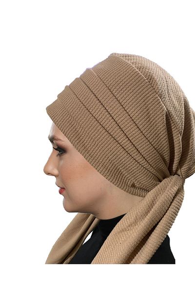 fidan bone Καπό Hijab τουρμπάνι με χτενισμένο βαμβάκι με κορδόνι Camel Ready
