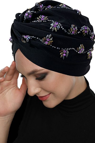 fidan bone Shining Hand Embroidered Black-Lilac Ivy Flower Lined Ready-made Hijab Hijab Evening Dress Bonnet