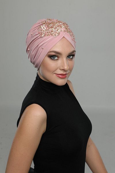 fidan bone Βραδινό καπό φόρεμα Hijab Ready Turban με επένδυση από σπαστό κεντημένο μοτίβο σε σκόνη