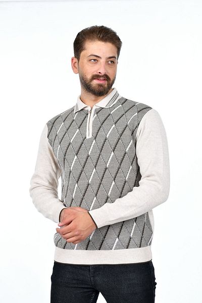 Kamalı Men's Steel Knit Diamond Patterned Shirt Collar Zippered Polo Collar Anti-Pilling Knitwear Winter Dad Sweater