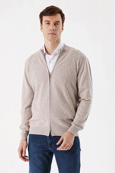 Morven Men's Beige Zippered Dynamic Fit Patterned Cardigan