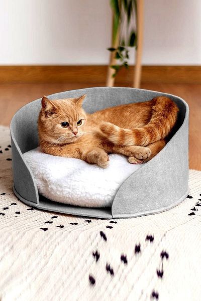 Bundeba Puki Cat Bed Gray Plush Cushioned Pet Cat Cushion Cat Nest House Hut