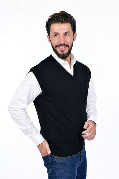 Kamalı Tricot negru pentru bărbați din oțel Intersiye Tricoturi groase de iarnă Tricoturi cu decolteu în V Pulovere tricotate anti-pilling