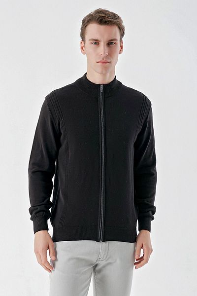 Morven Men's Black Trend Jacquard Zippered Knitwear Cardigan