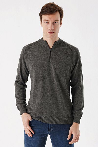 Morven Men's Anthracite Zippered High Collar Dynamic Fit Patterned Knitwear Sweater