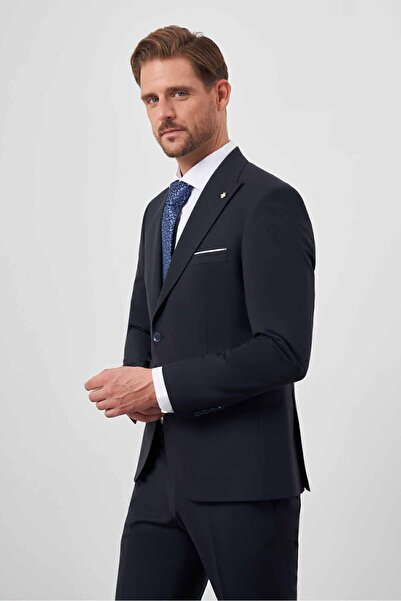 Morven Men's Navy Blue Wool Platinum Plain Pattern Slim Fit Pointed Collar Suit