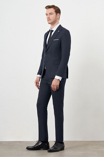 Morven Navy Blue Slim Fit Polyviscon Suit - Vest Patterned, Pointed Collar