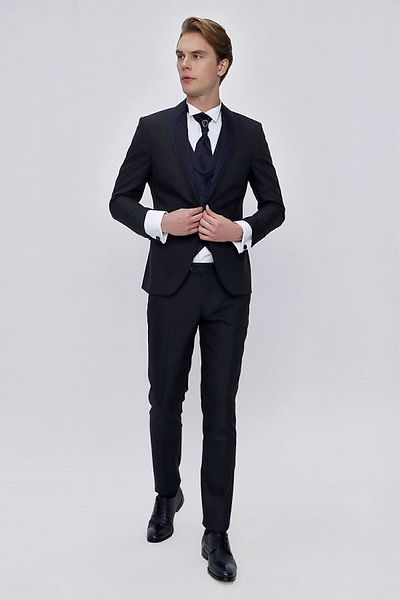 Morven Costum de mire slim cu guler Santos albastru bleumarin pentru bărbați