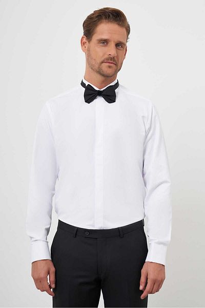 Morven Men's White Cuffed Plain Pattern Atak Collar Slim Fit Shirt