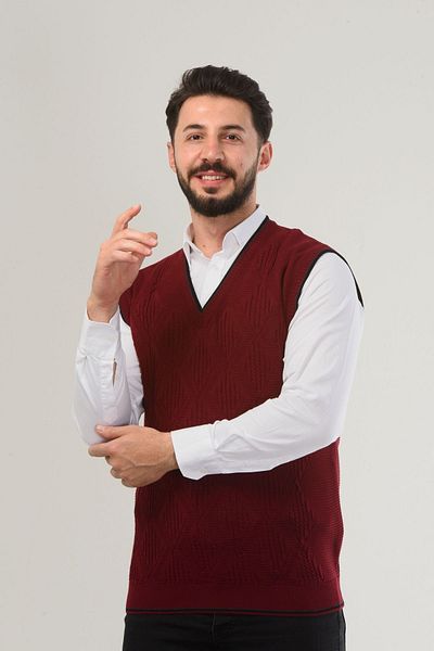 Kamalı Pulover pentru bărbați, cu decolteu în V, roșu Claret - Model de împletitură de păr, potrivire obișnuită
