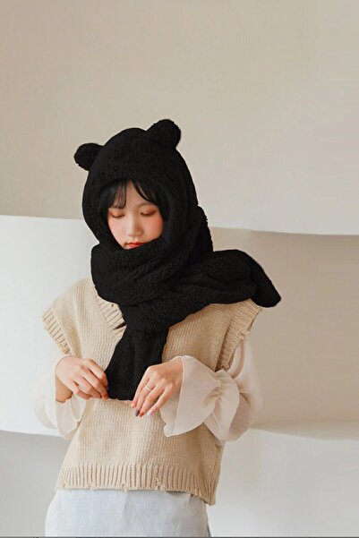 Bundeba Kapşonlu Siyah Peluş Bere Atkı Kadın Welsoft Polar Boyunluk Şalı Rüzgar Geçirmez Kulaklı Şapka