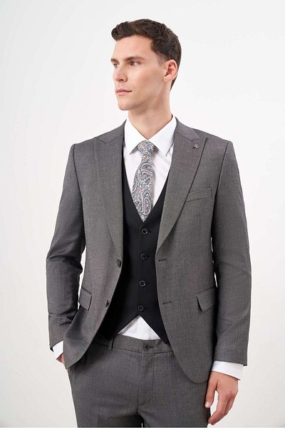 Morven Black Polyviscose Trend Men's Vest Suit - Pointed Collar