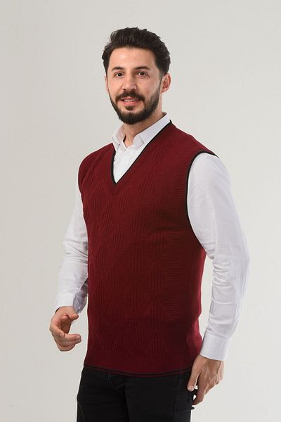 Kamalı Pulover pentru bărbați, cu decolteu în V, roșu Claret - Model de împletitură de păr, potrivire obișnuită