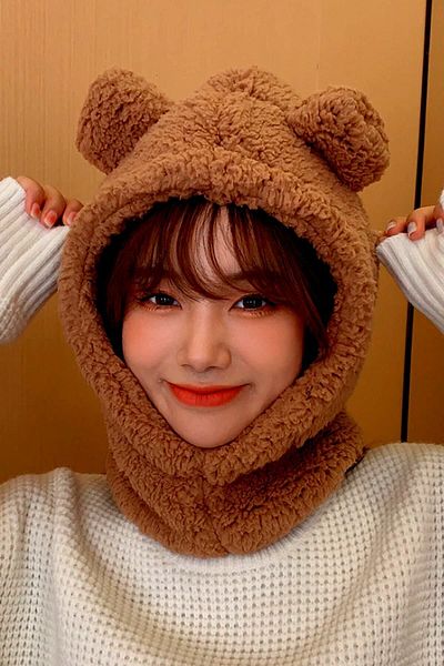 Bundera Women's Plush Coffee Beanie Snow Mask Neck Collar Thermal Welsoft Teddy Bear Fleece Scarf
