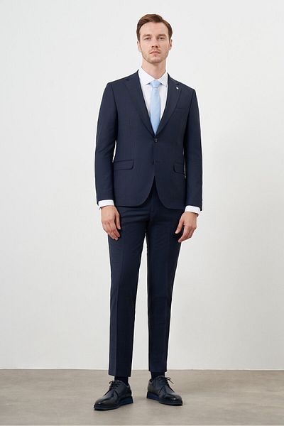 Morven Navy Blue Slim Fit Platinum Plaid Men's Suit - Mono Collar