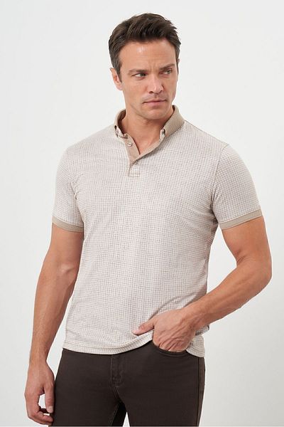 Morven Men's Beige Trend Mercerized Jacquard Pattern Buttoned Collar Dynamic Fit T-Shirt