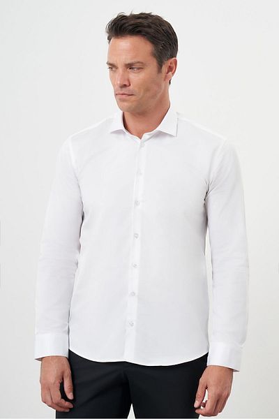 Morven Men's White Cotton Plain Pattern Italian Lapel Slim Fit Shirt