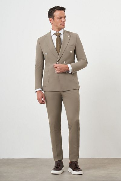 Morven Light Brown Men's Polyamide Slim Fit Suit - Double Breasted Pointed Collar