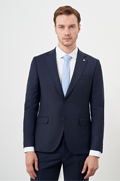 Morven Erkek Lacivert Yünlü Platinium Ekoseli Slim Fit Mono Yaka Takım Elbise