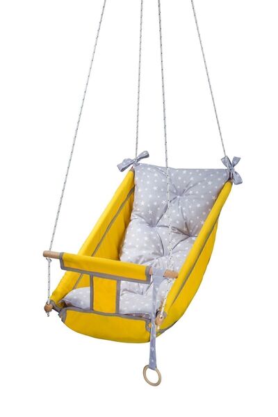 Bundera Kids Sarı Bebek Uyku Salıncağı, Çocuk Ahşap Hamak Beşik Salıncak Ve Minderli Yatak Seti