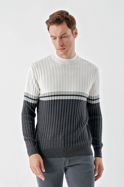 Morven Men's Anthracite Trend Paneled Bato Collar Dynamic Fit Comfortable Cut Knitwear