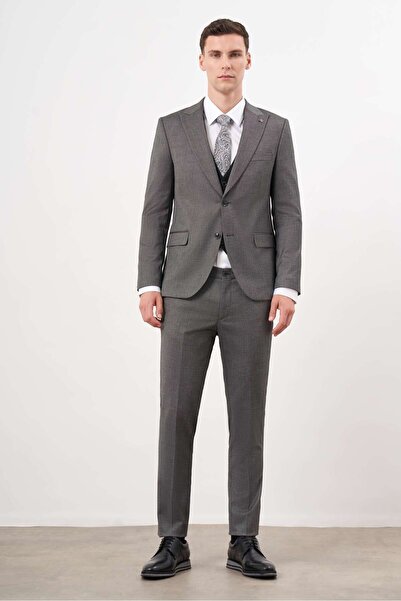 Morven Erkek Siyah Poliviskon Trend Yelekli Kombinli  Sivri Yaka Takım Elbise