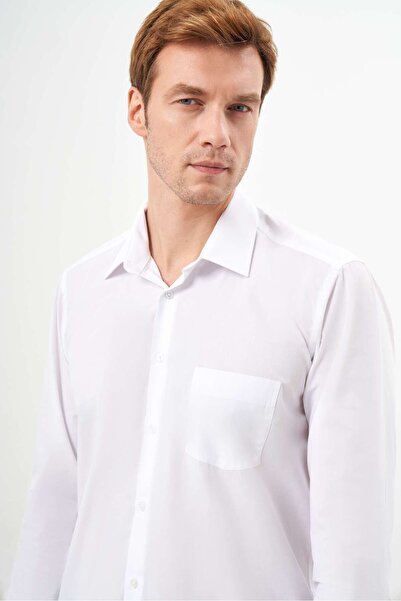 Morven Ανδρικό πουκάμισο με λευκό βασικό μονόχρωμο σκληρό γιακά με τσέπες κανονική εφαρμογή