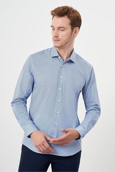 Morven Cămașă pentru bărbați, albastră, din bumbac, cu model, cu guler italian