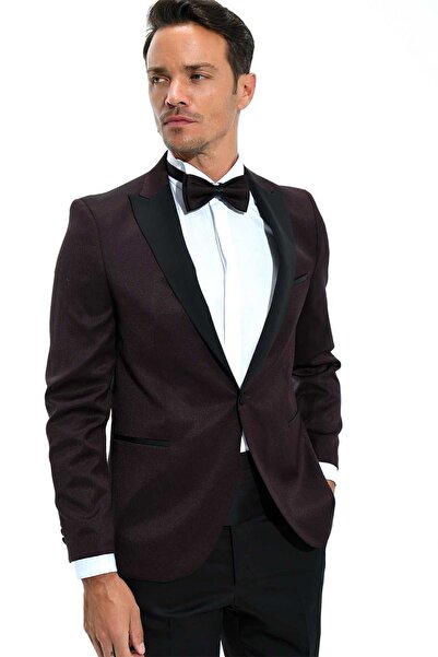 Morven Чоловічий темно-бордовий смокінг Modena Slimfit з жакардовим візерунком