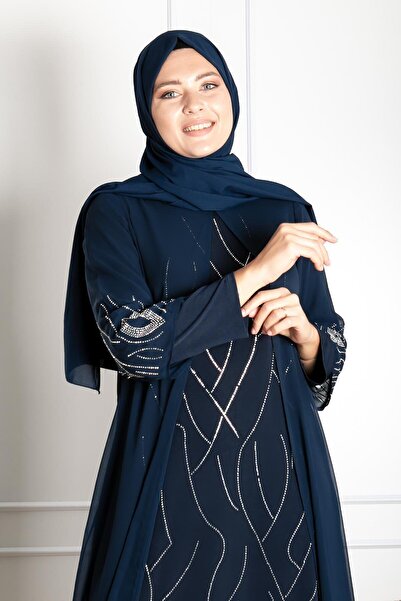SUBU TASARIM Plus Size Navy Blue Hijab Evening Dress - Flexible and Jewelled Embroidered Chiffon TBS644