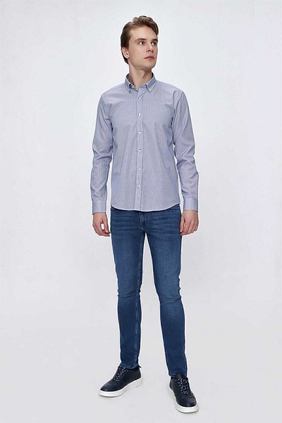 Morven Men's Navy Blue Striped Slim Fit Slim Fit Shirt