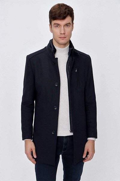 Morven Men's Dark Navy Diagonel Pattern Furry Dynamic Fit Comfortable Fit Neckline Coat