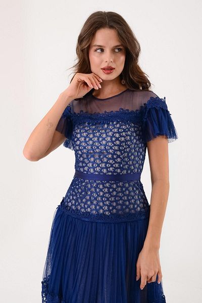 SpringStore Rochie de seară cu mâneci din dantelă bleumarin