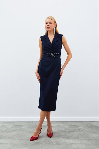 Sateen Rochie midi cu curea cu guler jachetă