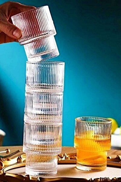 teknotrust 155 cc 6-Piece Mini Origami Style Glass Cup - Latte Espresso Heat Resistant Coffee Side Presentation B