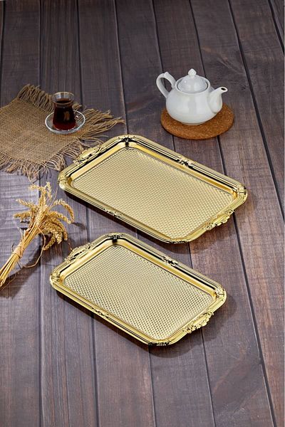 Cooker STAINLESS STEEL RECTANGLE 2-PIECE METAL TRAY SET-GOLD