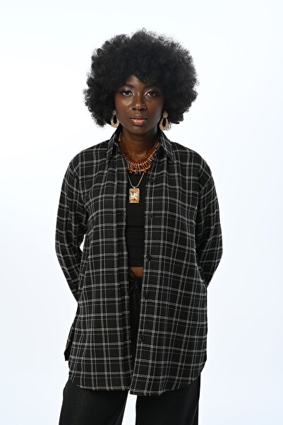 Orfeo Negro KADIN BÜYÜK KARE DESENLİ SİMLİ OVERSİZE KESİM GÖMLEK