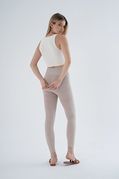 Trist Star Bej Saç Örgülü Fitilli Örme Pamuk Viscon Yün İçerikli Özel İplik Dikişsiz Triko Tayt TRIST-K-1975