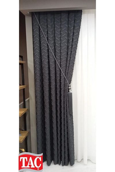 Taç New Season Dreamer - Linen Floor, Bearded Background Curtain, Anthracite Suitable for All Rooms