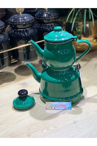 Ebru Metal Green Ebru Enamel Teapot Set